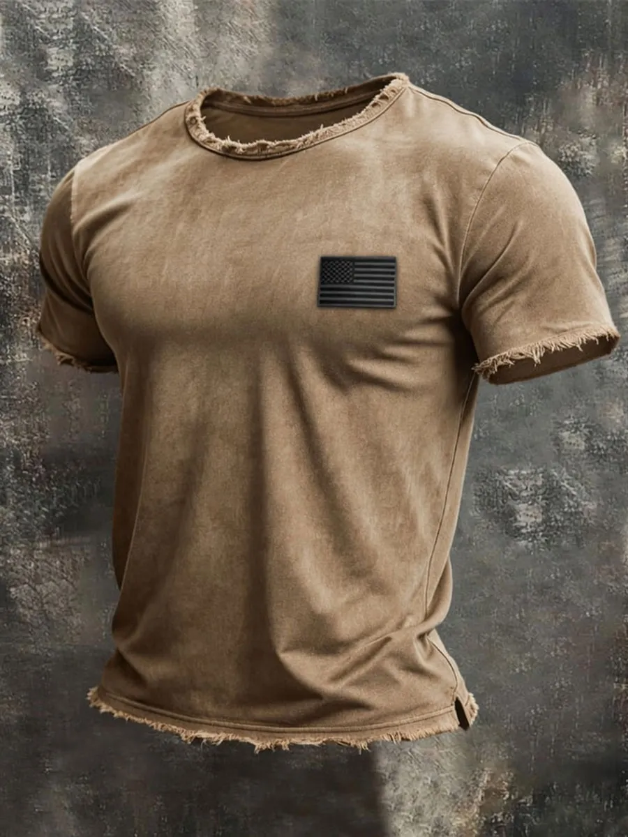 Men'S Retro Style Loose Cuff 100% Cotton Washed And Faded T-Shirt