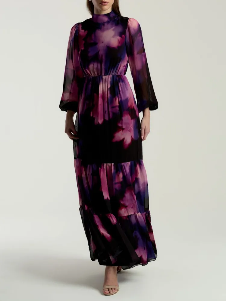 Tiered Floral Mock Neck Dress