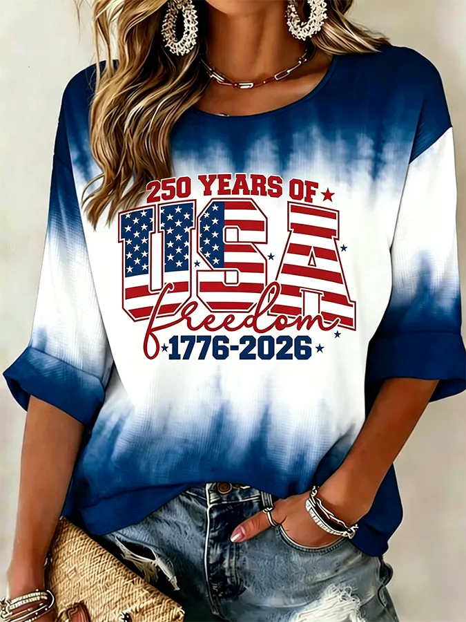 Ladies' Casual 250Th Anniversary Celebration Of The Founding Of The United States, Personalized Tie Dye Print V-Neck Top