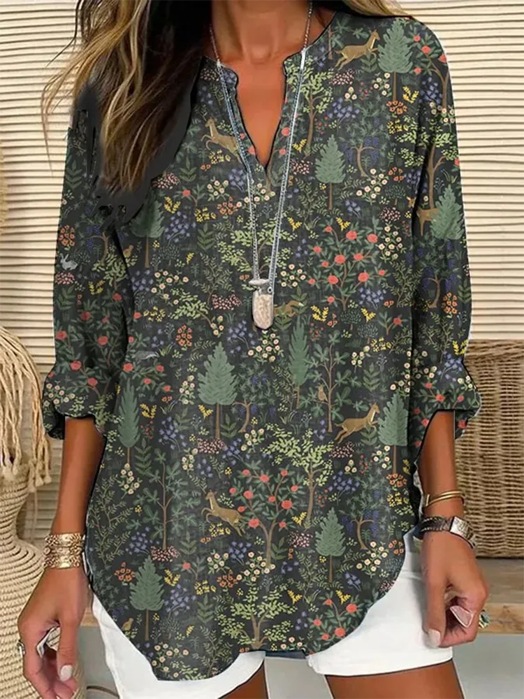 Women's Long-Sleeved V-Neck Shirt With Floral Prints
