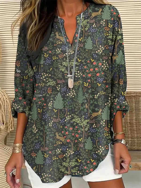 Women's Long-Sleeved V-Neck Shirt With Floral Prints