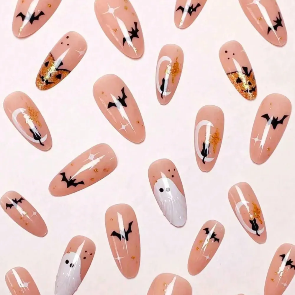 Nailhour 24Pcs Halloween Medium Almond Ghost Design  Press On Nails