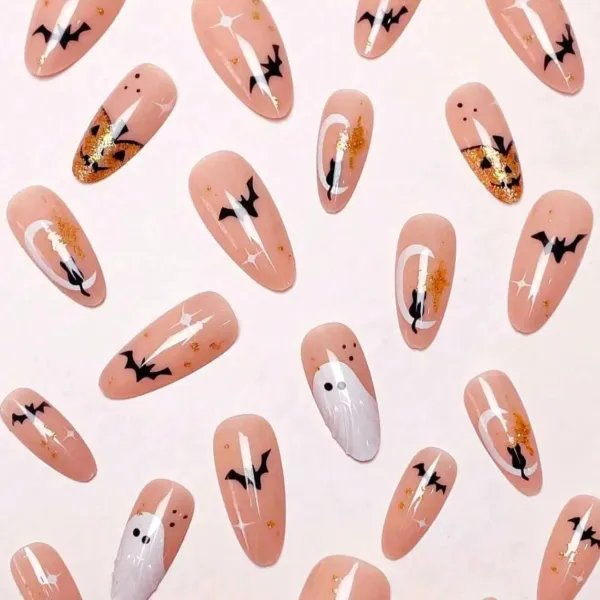 Nailhour 24Pcs Halloween Medium Almond Ghost Design  Press On Nails
