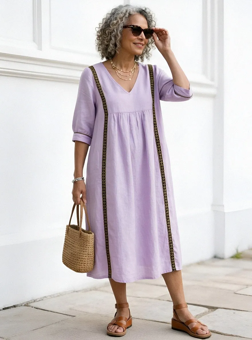 Women's Summer Vacation Navy Blue Embroidered Trim Linen Midi Dress