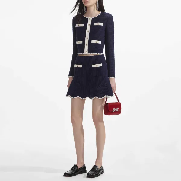 Navy Crochet Contrast Trim Mini Skirt