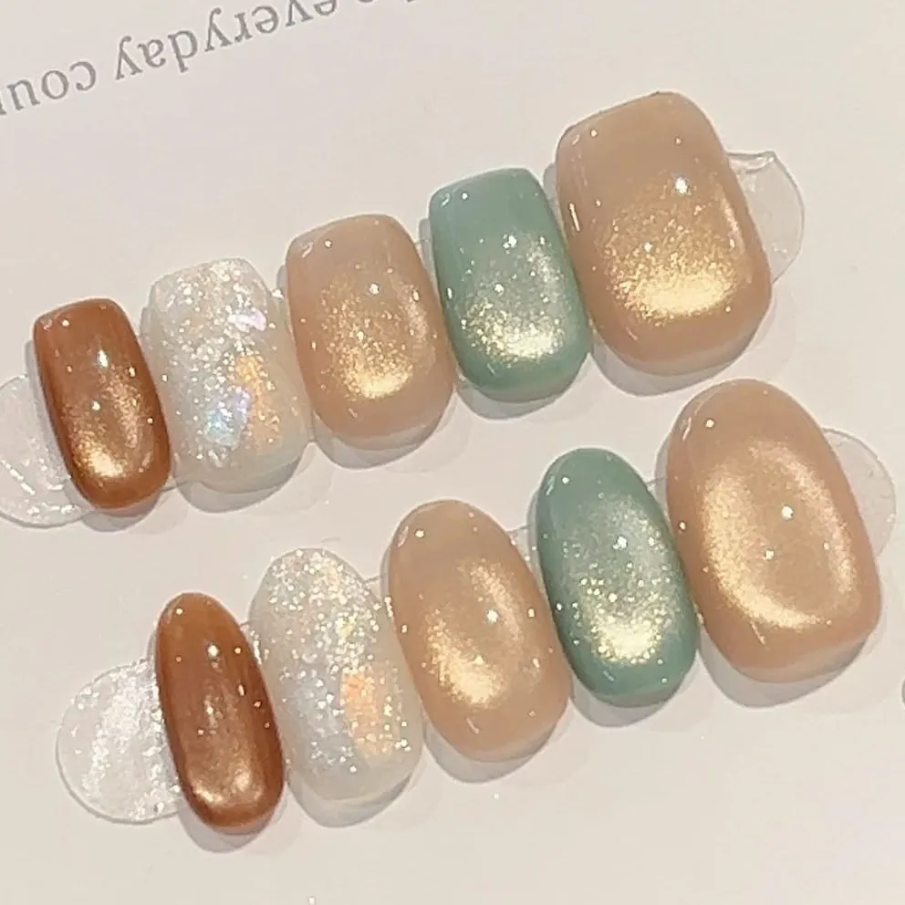 Nailhour 10Pcs Cat Eye Multicolor Short Square Press On Nails
