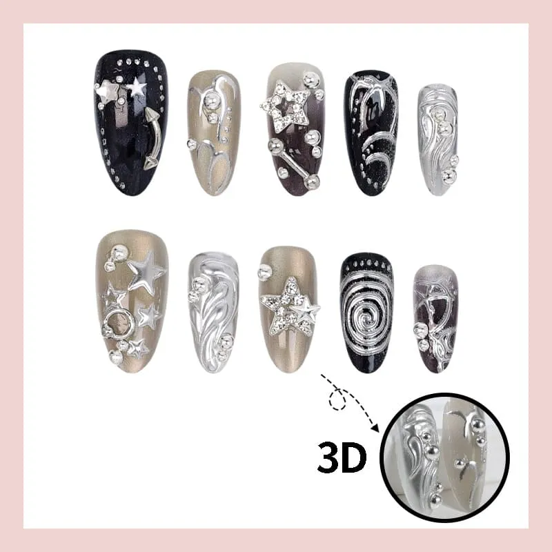 Nailhour 30Pcs Gothic Black Medium Almond 3D Press On Nails