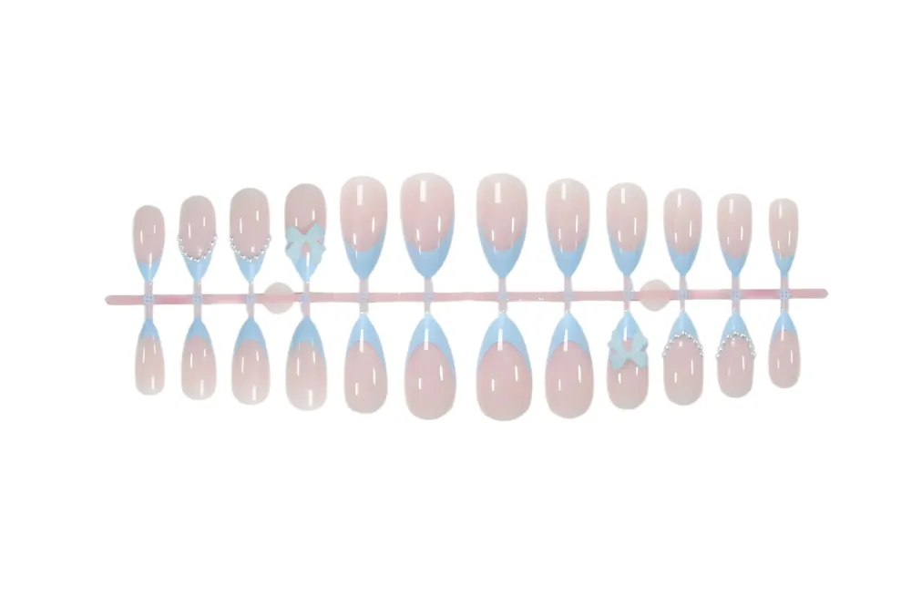 Nailhour 24Pcs Blue Bow 3D Medium Almond French Press On Nails