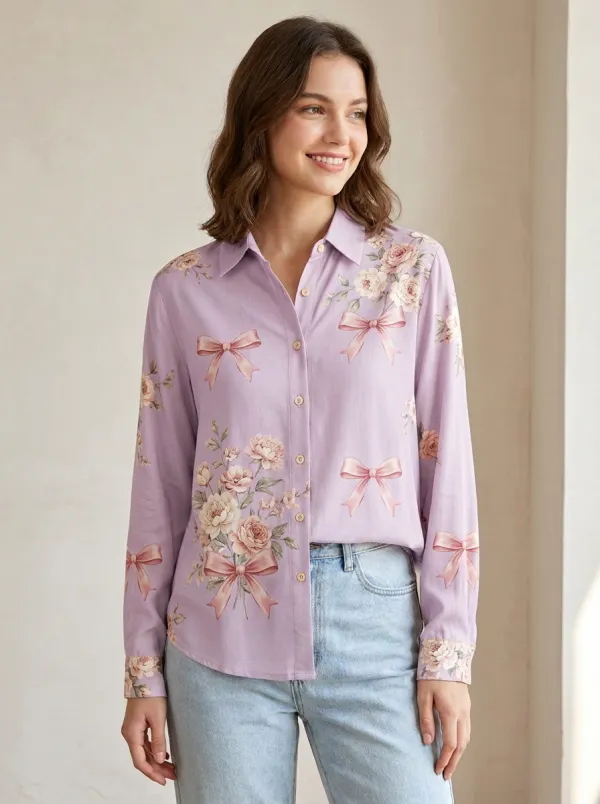 Women's Breast Cancer Awareness Floral Bow Printed Button-up Shirt