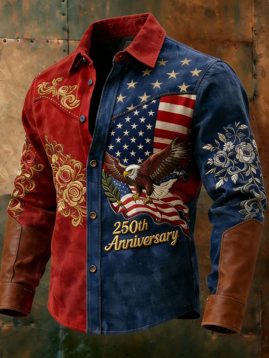 Men's Vintage Distressed Western-Style 250th Anniversary Commemorative Printed Shirt