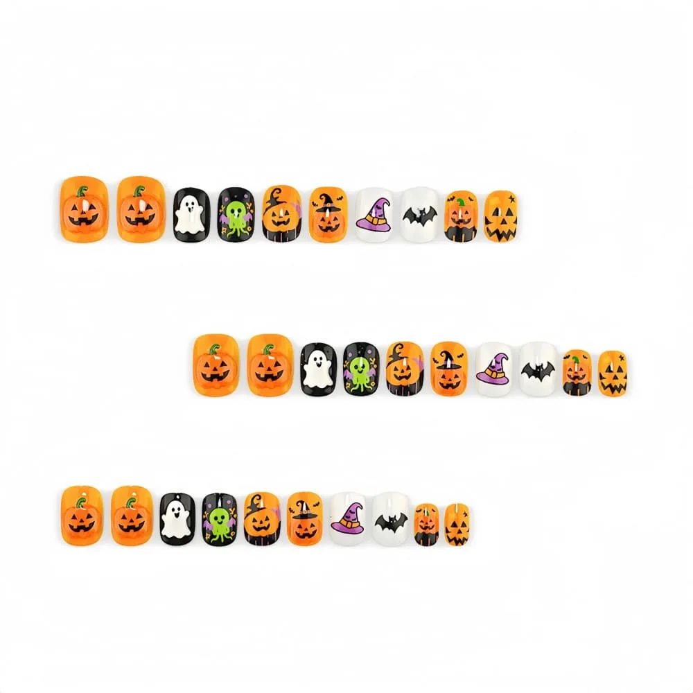 Nailhour 30Pcs Halloween Short Squoval Cute Pumpkin Press On Nails
