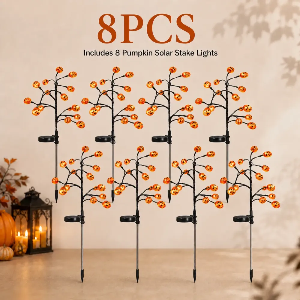 Solar Pumpkin Stake Lights - 20-Head Halloween Outdoor Garden Decor