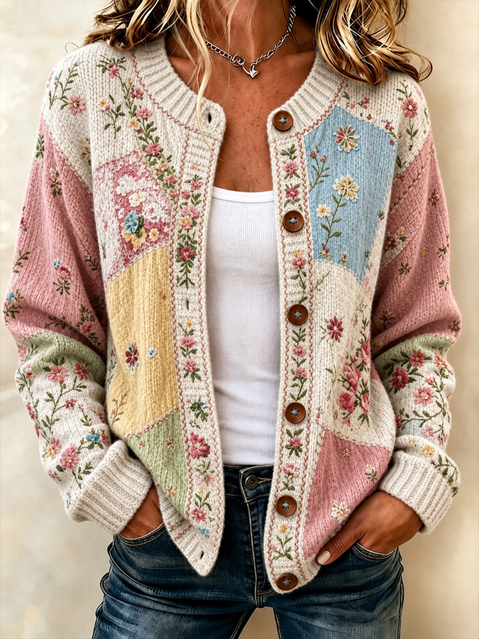Ladies' Casual Floral Print Knitted Cardigan Top - madebypinksurvivors
