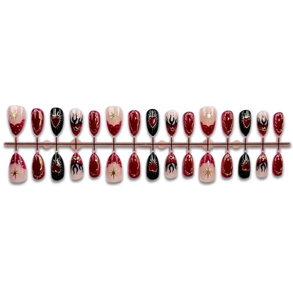 Nailhour 30Pcs Dark Heart 3D Medium Almond French Press On Nails