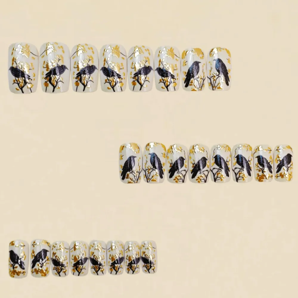 Nailhour 24Pcs Medium Square Gold-Plated Magpie Press On Nails