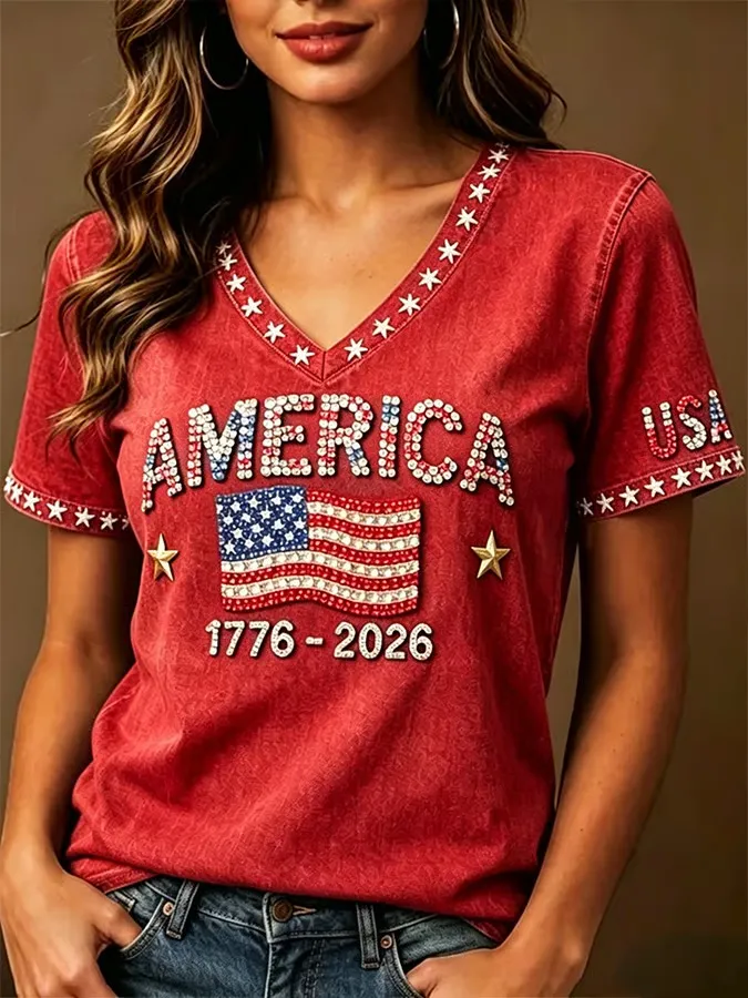 Women'S Casual Retro American Independence Day Patriotic Printed Short Sleeved T-Shirt