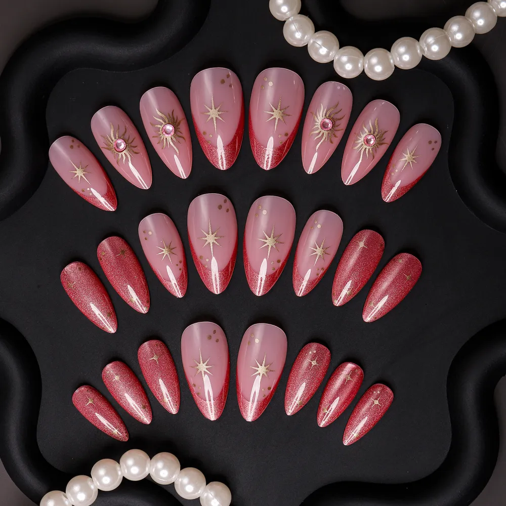 Nailhour 24Pcs Pink Gilded Y2K Medium Almond Press On Nails