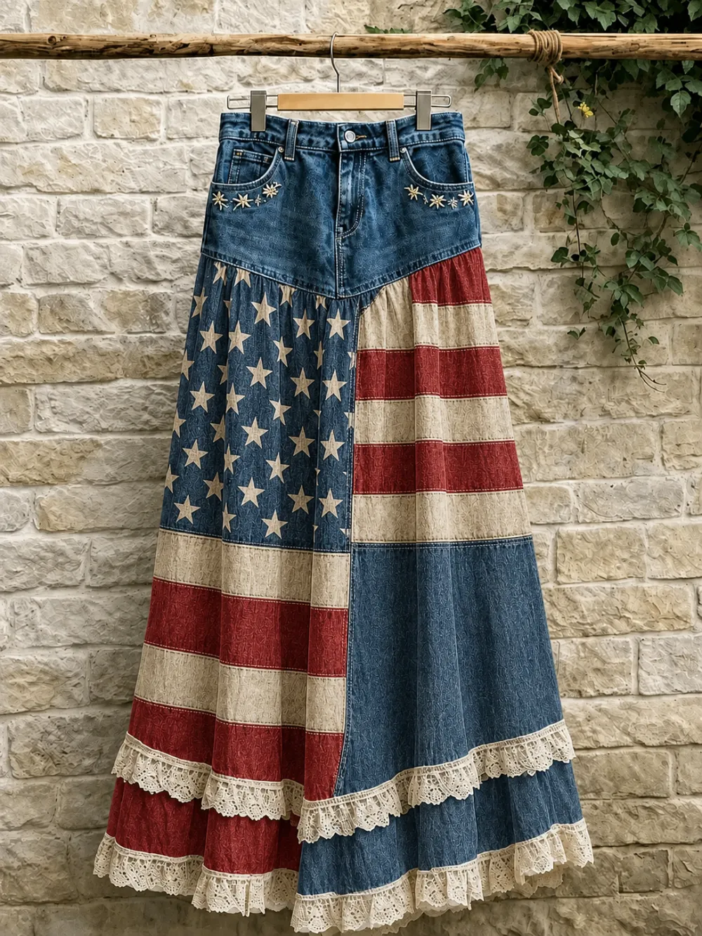 Women'S Casual Independent Day Denim Patchwork Printed Skirt