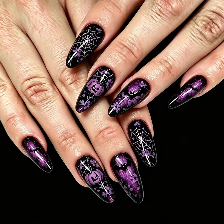 Nailhour 24Pcs Pumpkin Spider Purple Glossy Halloween Medium Almond Press On Nails