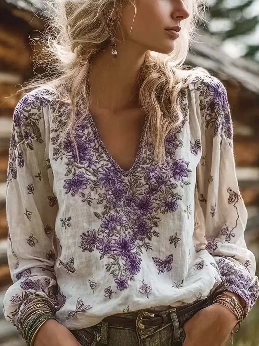 Women's Casual Purple Floral Cotton Linen Top