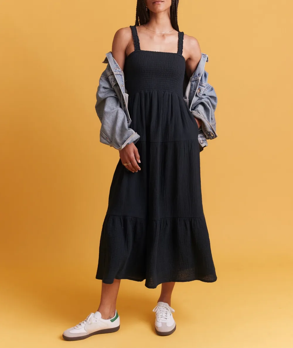 Black Strappy Smocked Maxi Dress