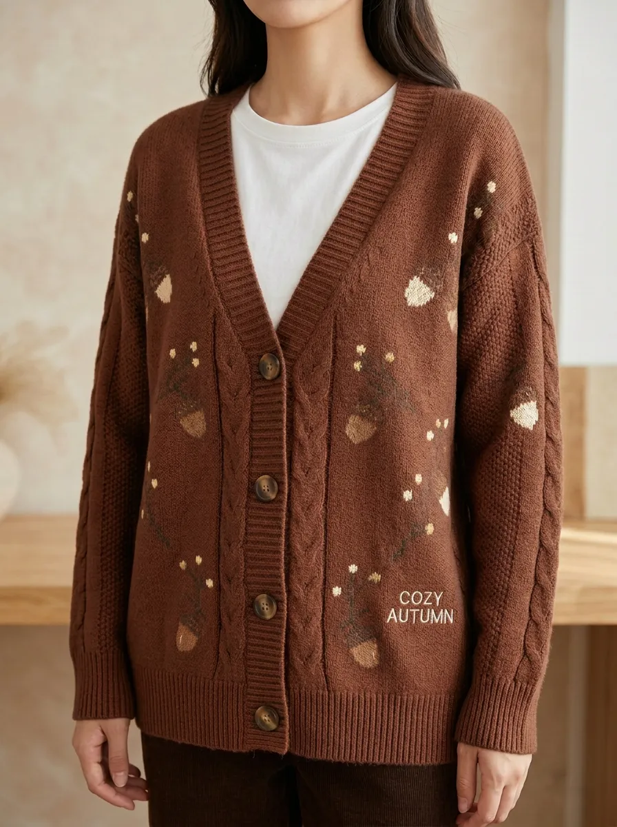 Rustic Acorn Pattern Embroidered Women's Knit Cardigan
