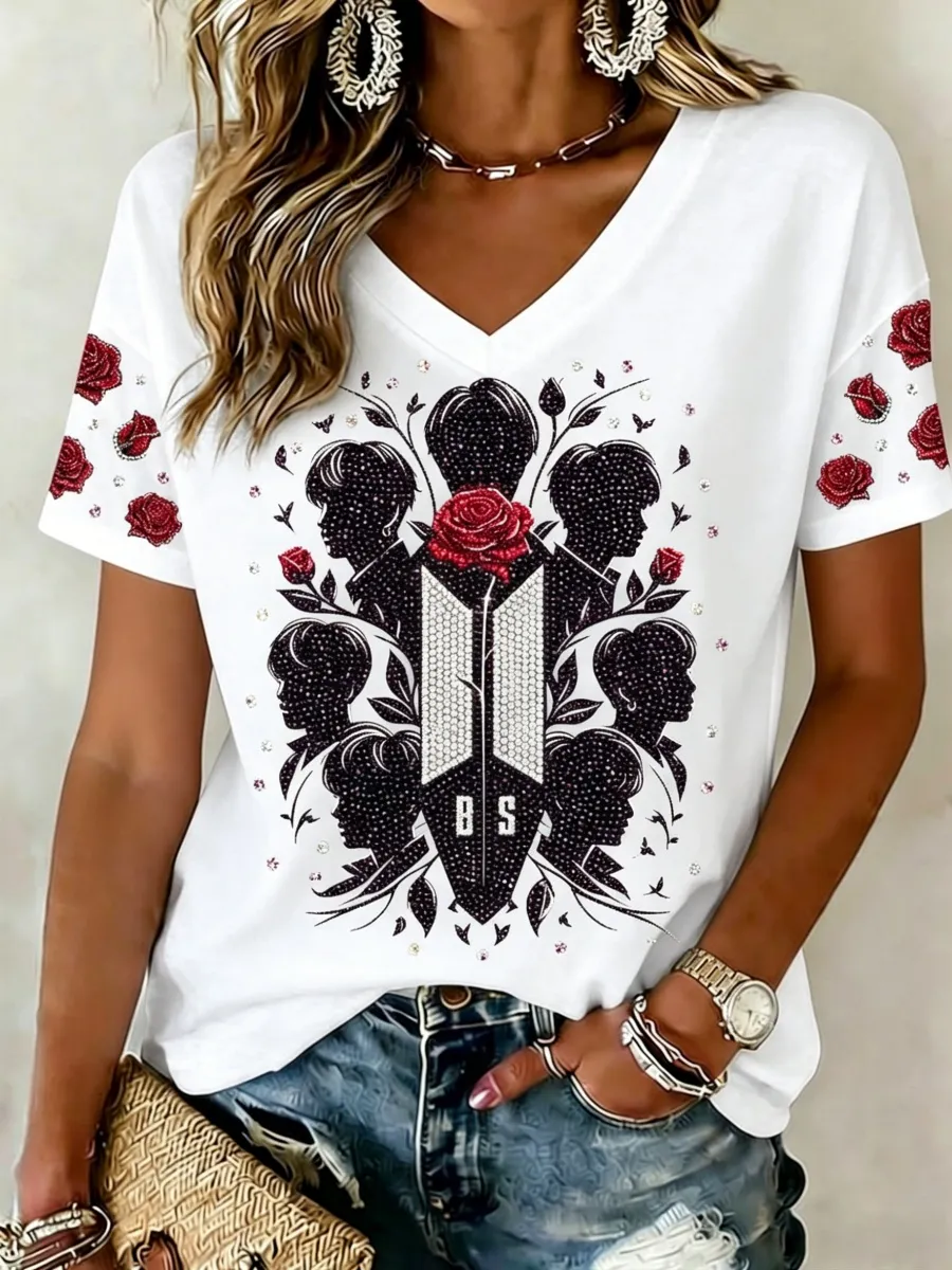 K-Pop Idol Floral Art Women's V-Neck T-Shirt
