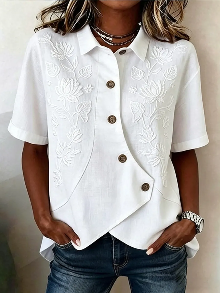 Women's Floral Art Short-Sleeve Linen Shirt