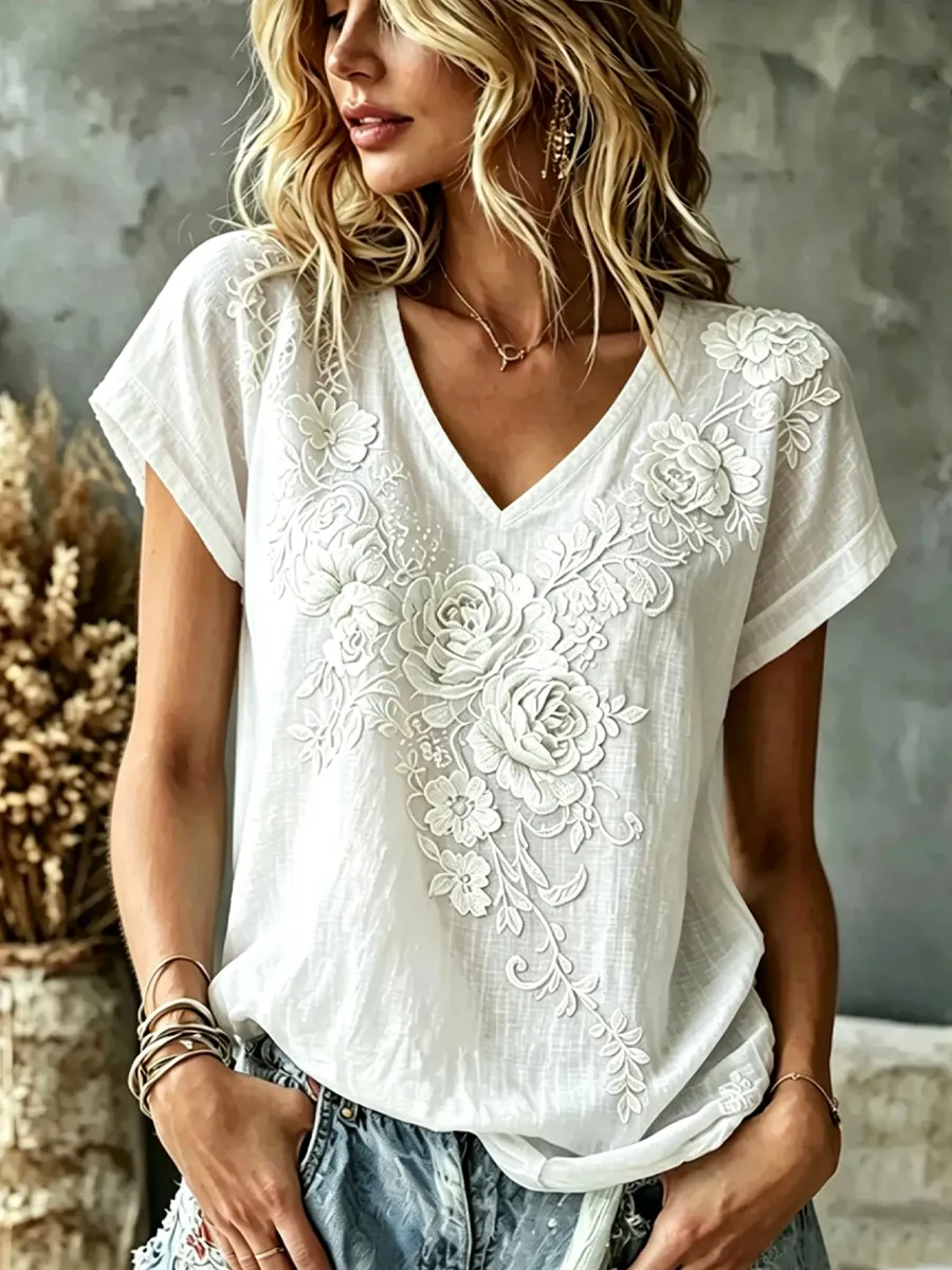 Women'S Floral Print Elegant Linen Cotton Top