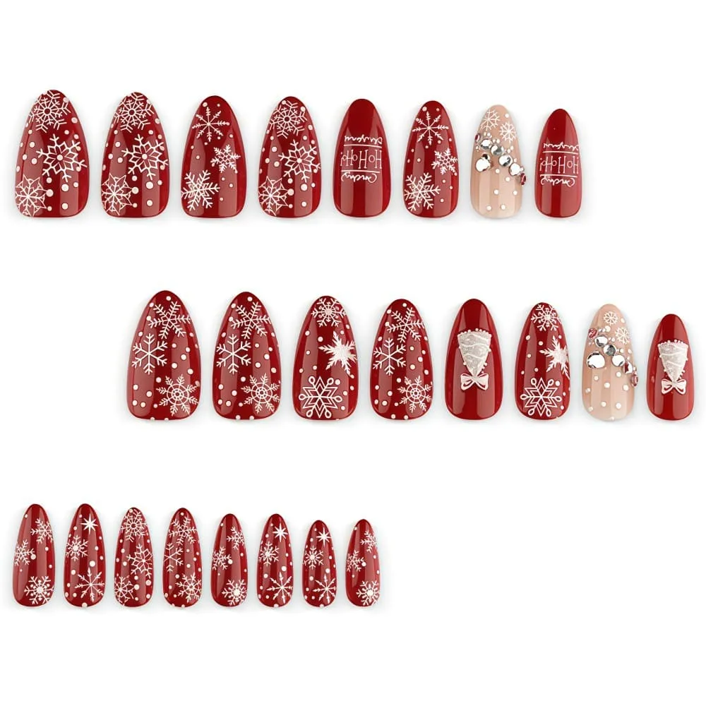 Nailhour 24Pcs Red Christmas Snowflake3D Medium Almond French Press On Nails