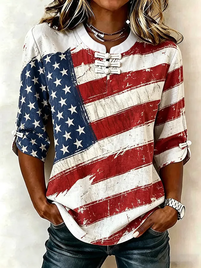 Women's Retro Flag Print Cotton Linen Top