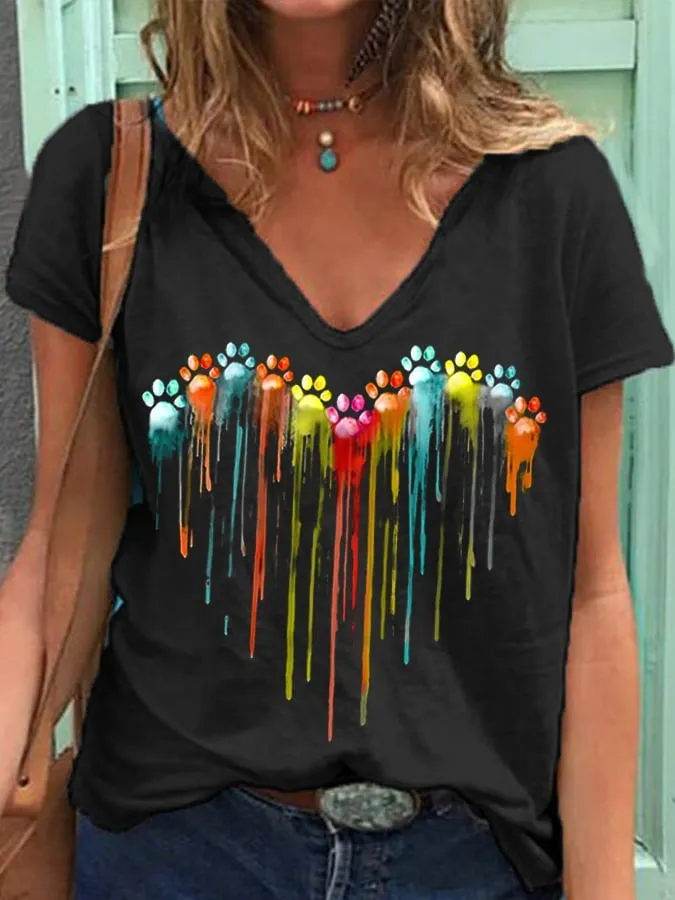 Women's Colorful Dog Paw Heart Print V-Neck T-Shirt