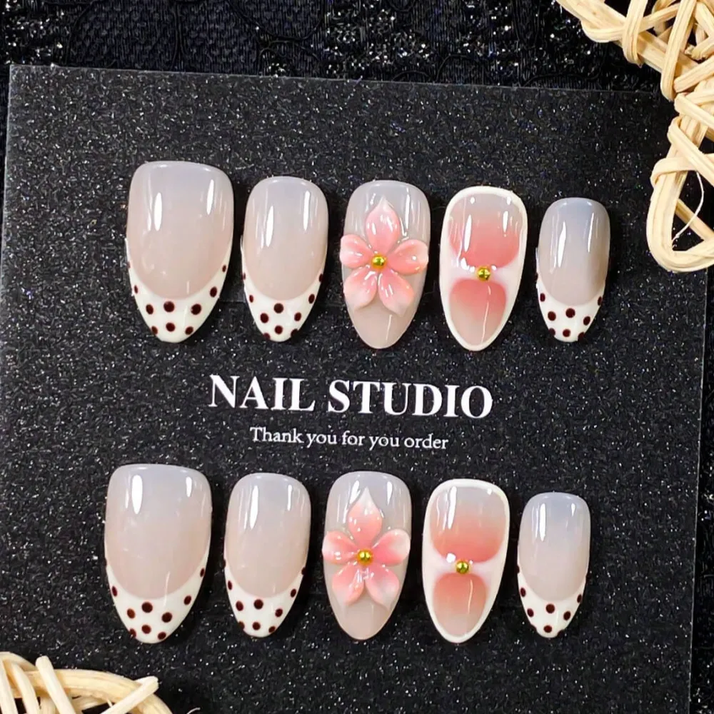 Nailhour 24Pcs French Medium Almond 3D Rhinestone Press On Nails