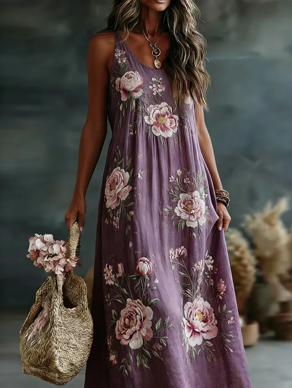Vintage Floral Art Women's Linen Tank Dress