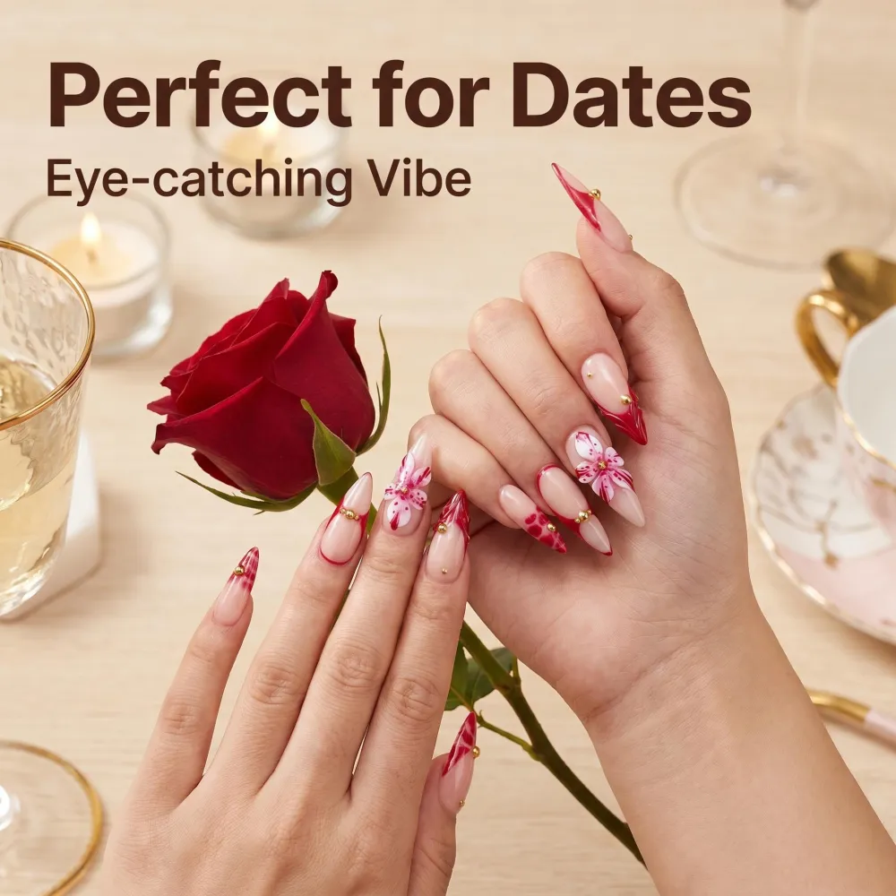 Nailhour 24Pcs Stiletto Summer Holiday Date Floral Pink Long Press On Nails