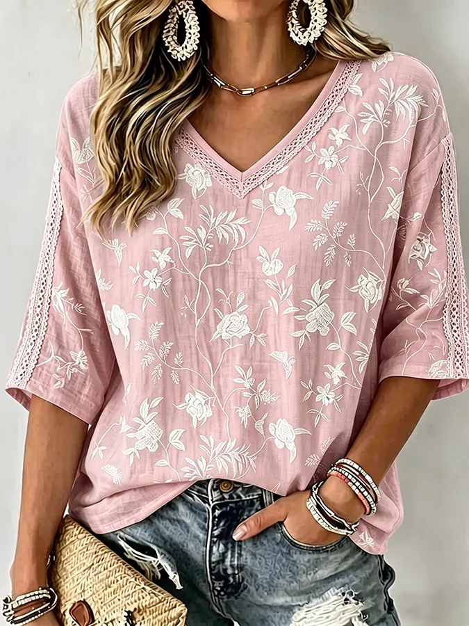 Women's V-neck floral print shirt