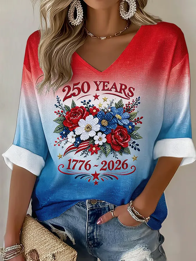 Women's American 250th Anniversary Three-Quarter Sleeve V-Neck Top