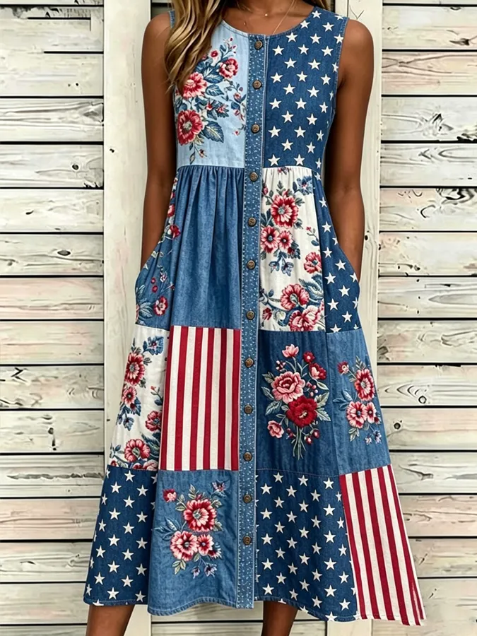Women'S Casual Sleeveless Round Neck National Flag Floral Print Dress