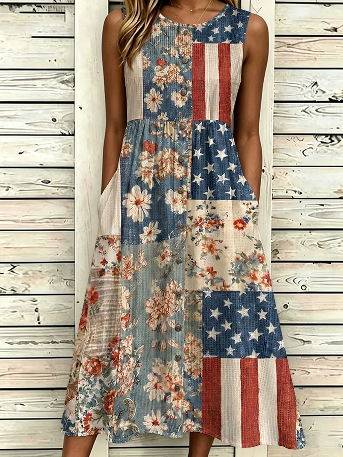 Women'S Casual Sleeveless Round Neck National Flag Floral Print Dress