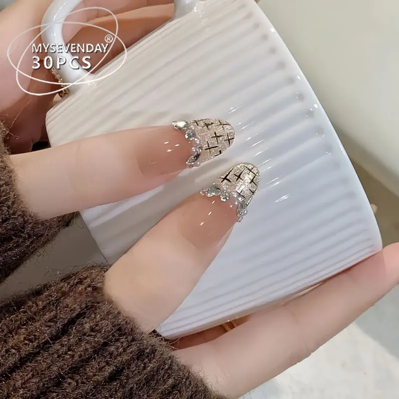 Nailhour 30Pcs 3D Butterfly Bow Medium Almond French Press On Nails
