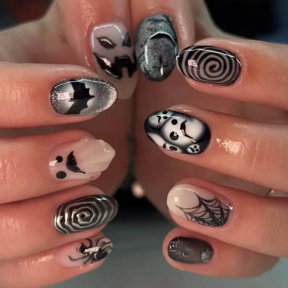 Nailhour 24Pcs Halloween 3D Short Oval Glitter Gothic Press On Nails