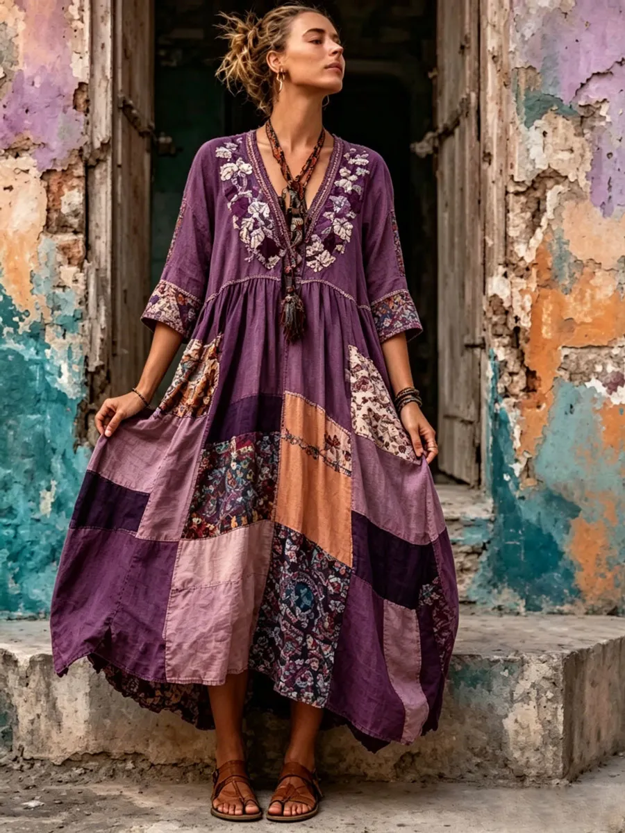 Women's Linen Floral Print Maxi Dress