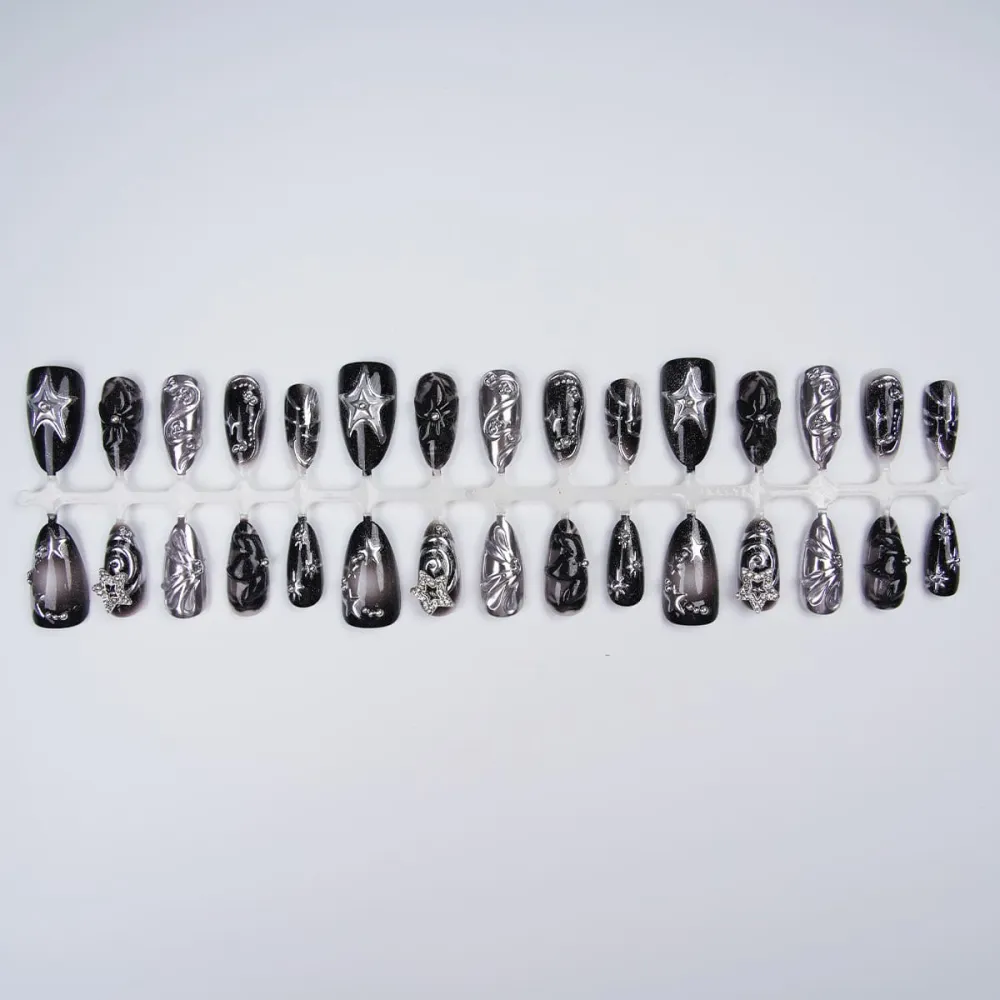 Nailhour 30Pcs 3D Gothic Y2K Floral Black Medium Almond Press On Nails