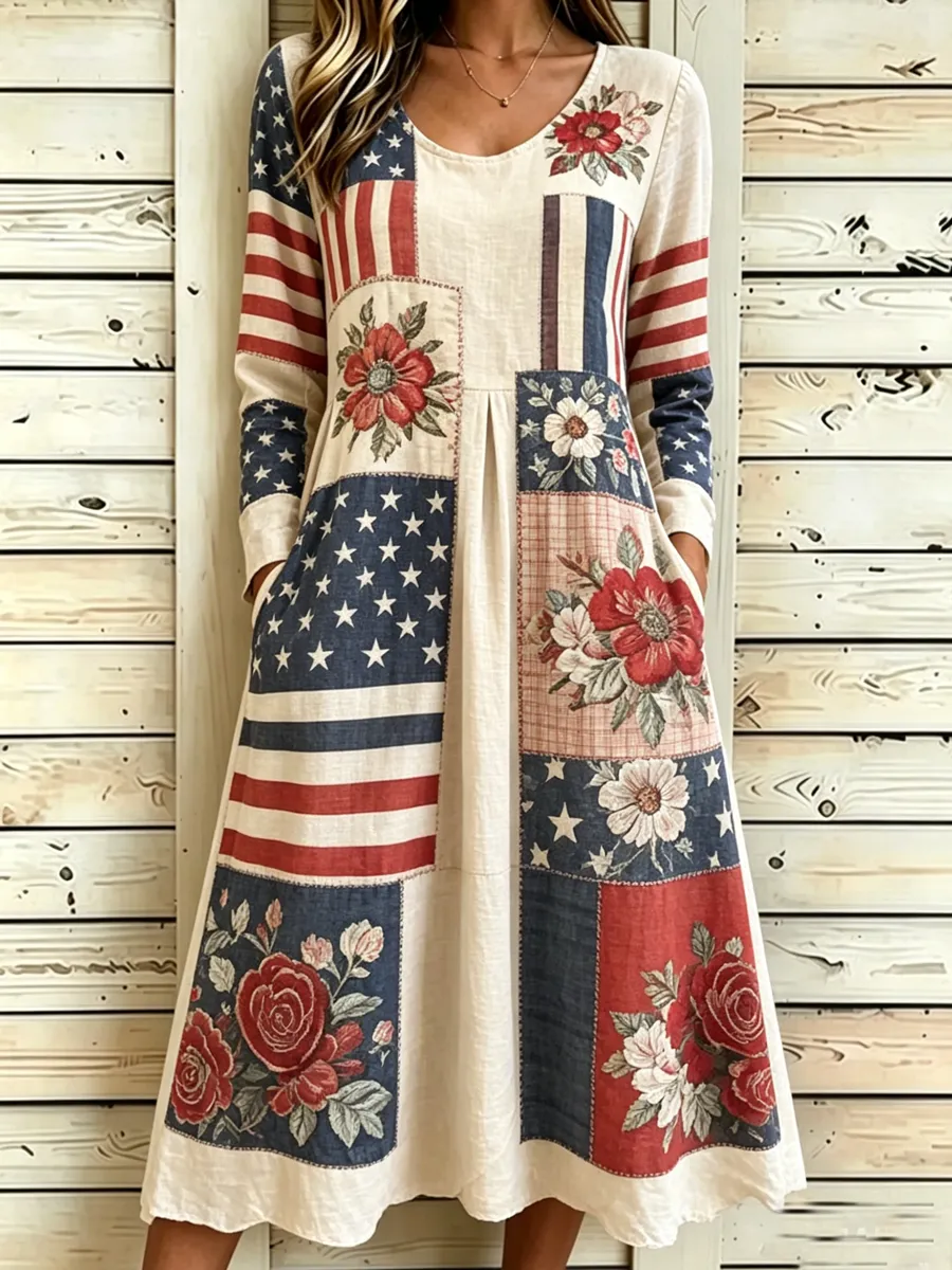 Women's Retro 250th Anniversary Flower Art Printed Dress