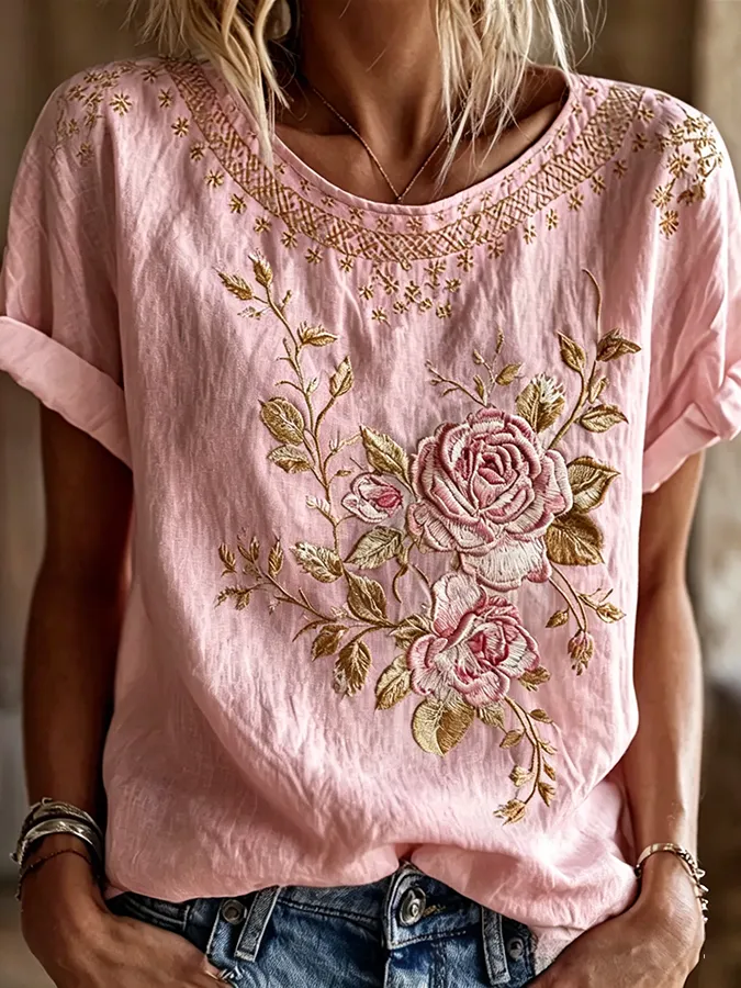 Women's casual floral print cotton and linen round neck top
