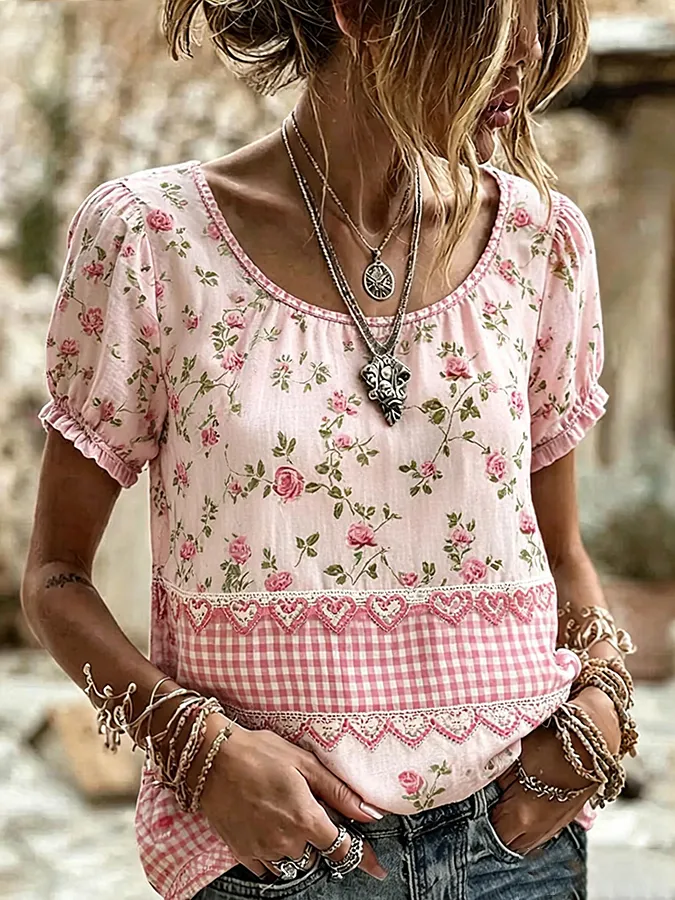 Women's Boho Floral Patchwork Embroidered Puff Sleeve Top