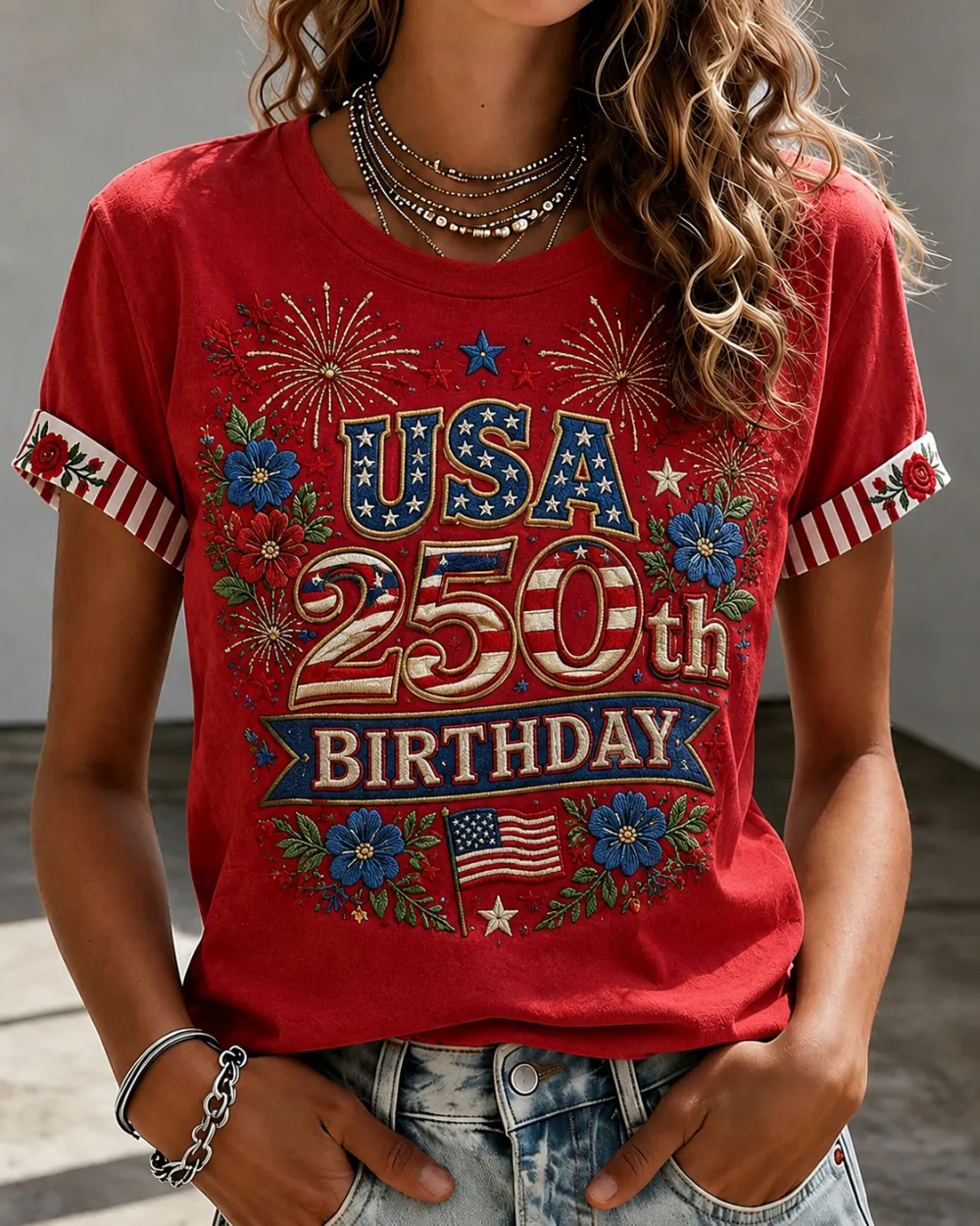Women's American Independence Day 250th Anniversary Printed Short sleeved T-shirt