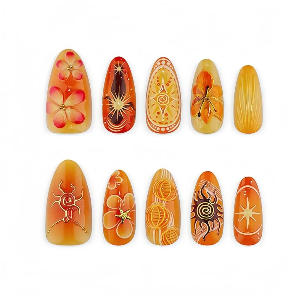 Nailhour 30Pcs Sunflower 3D Medium Almond Gilded Press On Nails