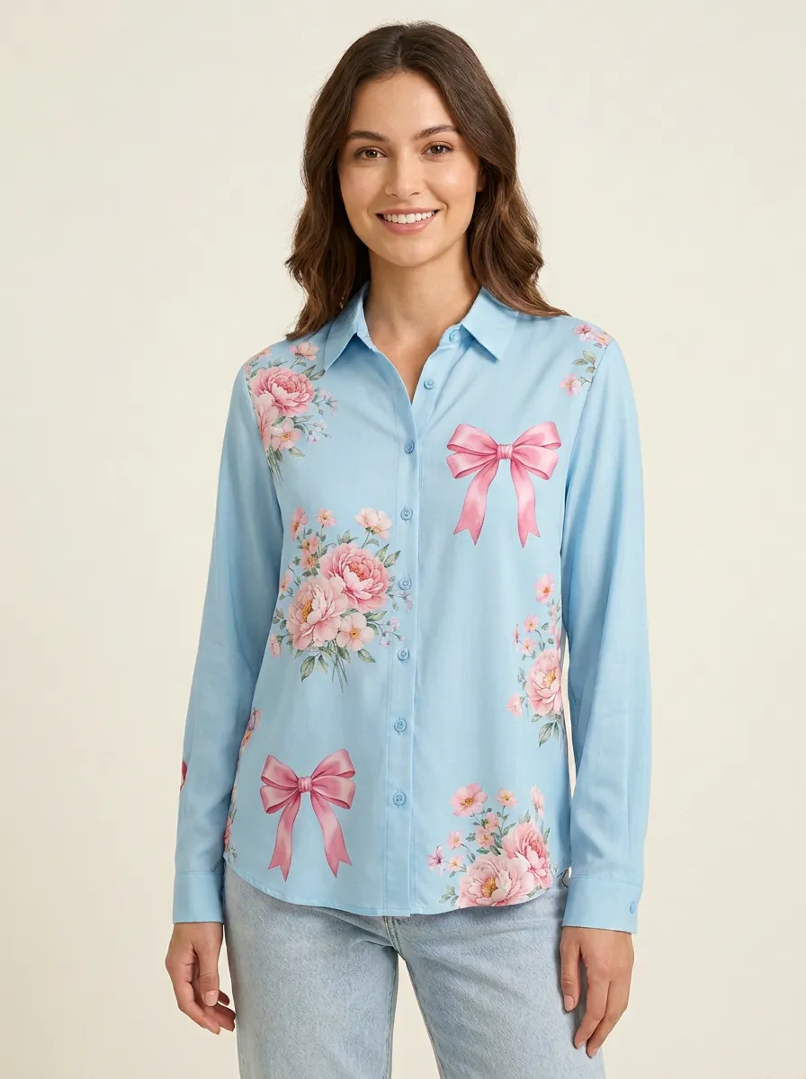 Women's Breast Cancer Awareness Floral Bow Printed Button-Down Shirt