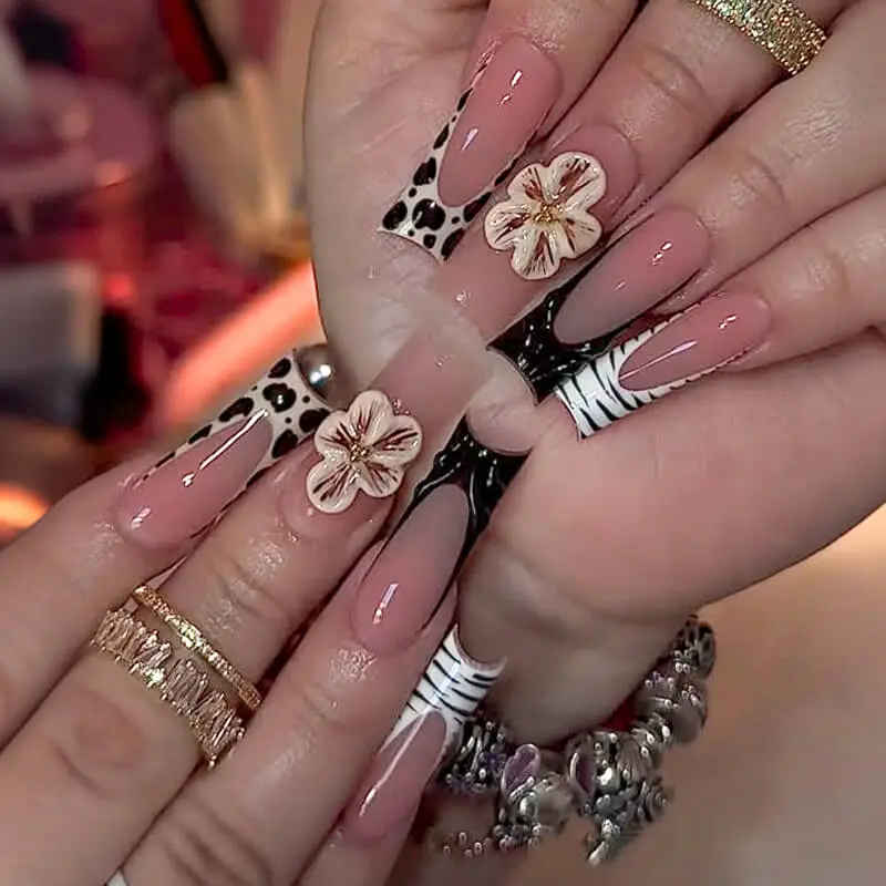 Nailhour 24Pcs Autumn 3D Floral Long Square Press On Nails